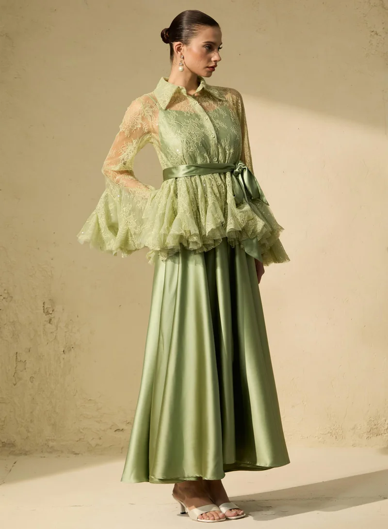 Sunfere Soft Morning Mist Green Sheer Ruffled Blouse & Satin Dress Set