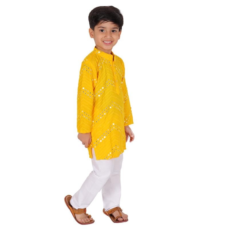 superminis Boys Rayon Kurta Pyjama Set with Mirror Work & Elastic Waist | Kids Ethnic Wear for Wedding & Festive | Kurta Set for Boys (7-8 Years, Yellow) - Image 3