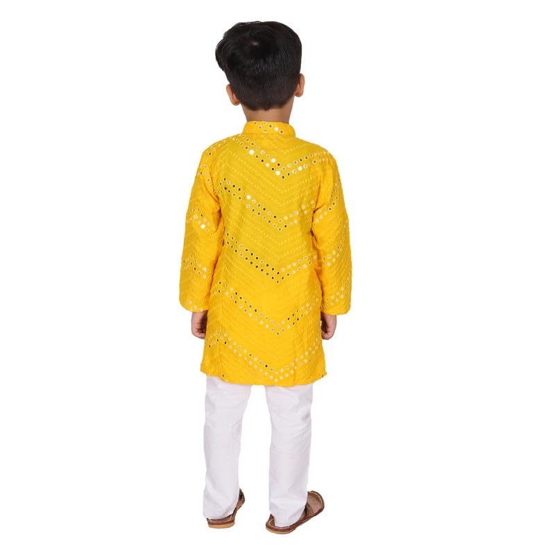 superminis Boys Rayon Kurta Pyjama Set with Mirror Work & Elastic Waist | Kids Ethnic Wear for Wedding & Festive | Kurta Set for Boys (7-8 Years, Yellow) - Image 5