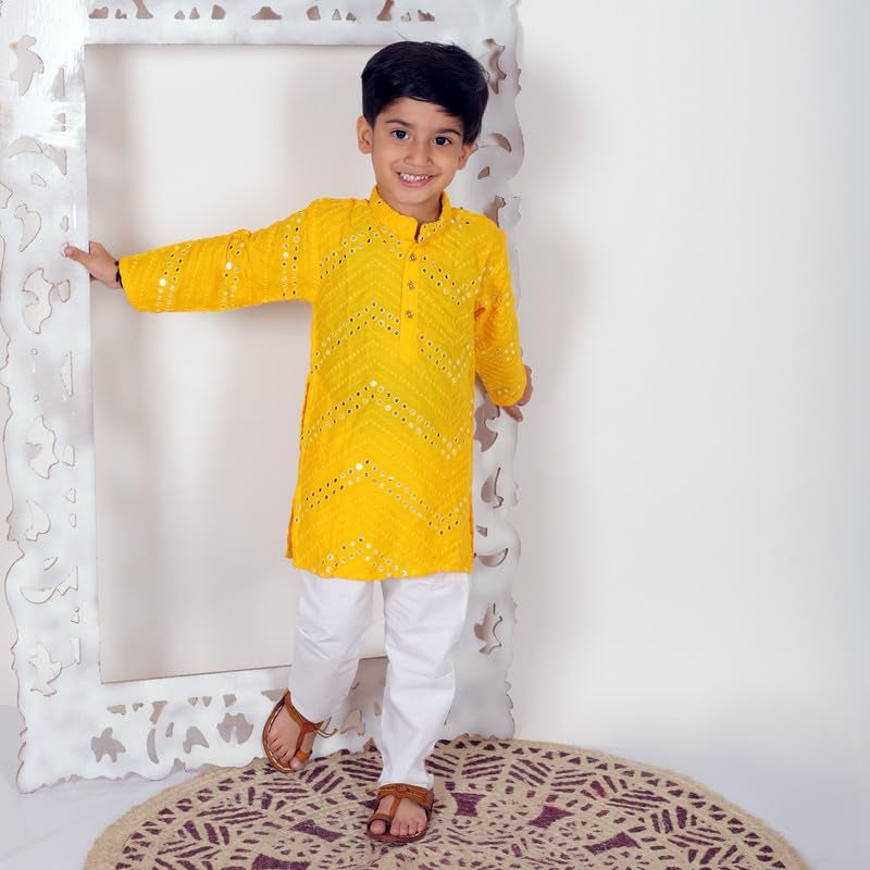 superminis Boys Rayon Kurta Pyjama Set with Mirror Work & Elastic Waist | Kids Ethnic Wear for Wedding & Festive | Kurta Set for Boys (7-8 Years, Yellow) - Image 2