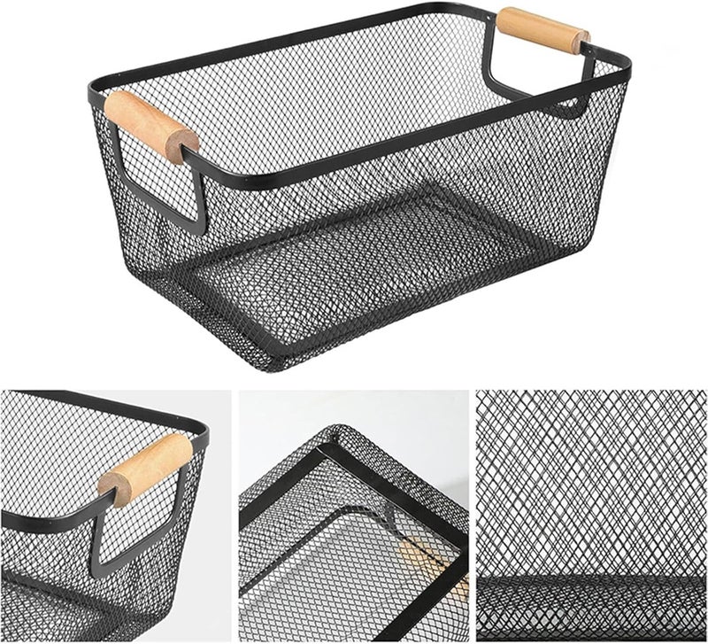 AJIODA Metal Mesh Steel Basket, Large Wire Storage Organizer Basket Multi-function Hanging Kitchen Baskets with Wood Handle for Kitchen Bathroom Picnic Home, Rectangle-Black - Image 3