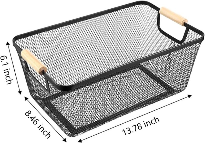 AJIODA Metal Mesh Steel Basket, Large Wire Storage Organizer Basket Multi-function Hanging Kitchen Baskets with Wood Handle for Kitchen Bathroom Picnic Home, Rectangle-Black - Image 2