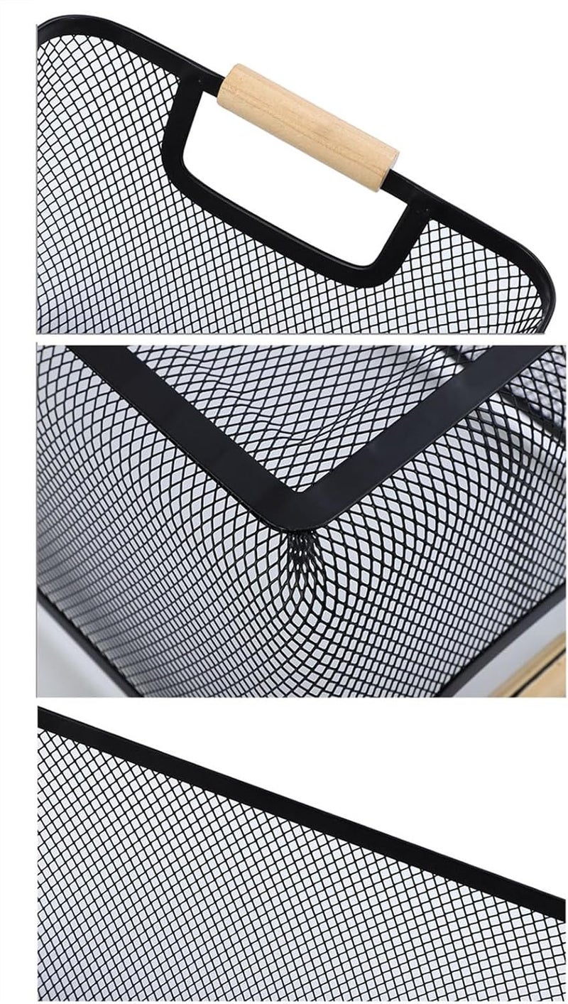 AJIODA Metal Mesh Steel Basket, Large Wire Storage Organizer Basket Multi-function Hanging Kitchen Baskets with Wood Handle for Kitchen Bathroom Picnic Home, Rectangle-Black - Image 4