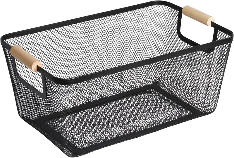 AJIODA Metal Mesh Steel Basket, Large Wire Storage Organizer Basket Multi-function Hanging Kitchen Baskets with Wood Handle for Kitchen Bathroom Picnic Home, Rectangle-Black - Image 1