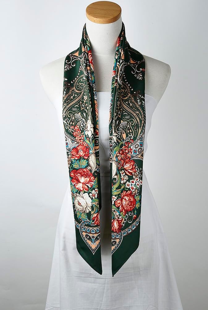 corciova XL 40x40 Inch Extra Large Silk Satin Scarf Tops for Women Head Wraps Shirt Dark Green Paisley Floral Hair Headscarf - Image 4