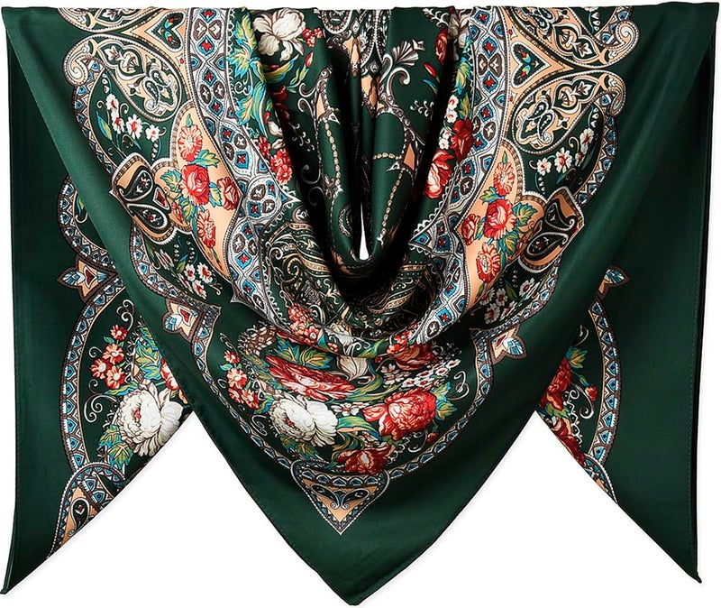 corciova XL 40x40 Inch Extra Large Silk Satin Scarf Tops for Women Head Wraps Shirt Dark Green Paisley Floral Hair Headscarf - Image 1