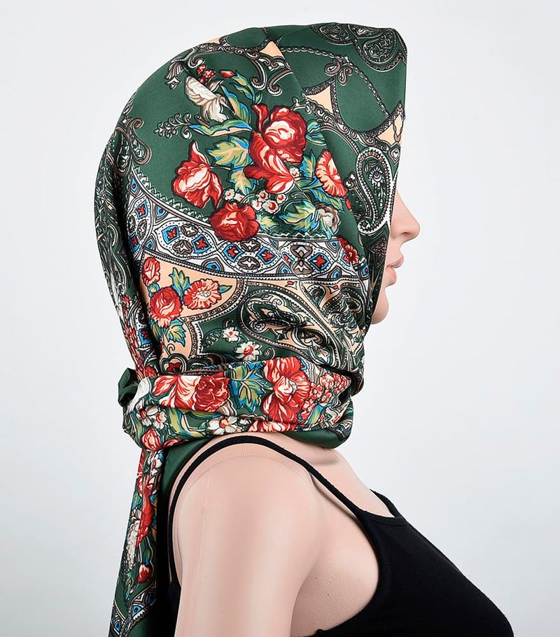 corciova XL 40x40 Inch Extra Large Silk Satin Scarf Tops for Women Head Wraps Shirt Dark Green Paisley Floral Hair Headscarf - Image 2