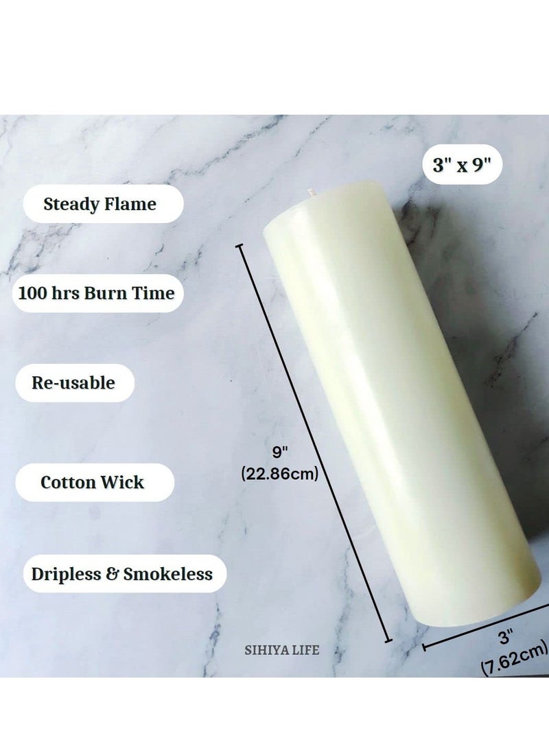 SIHIYA LIFE Set of 2 Ivory Pillar Candles| 3 x 9inch | Unscented & Dripless Candles for Decor, Events, Restaurants | Natural Wax with Cotton Wicks | 100 hours / candle Burn Time (Ivory, 3 x 9 inches)  - Image 2