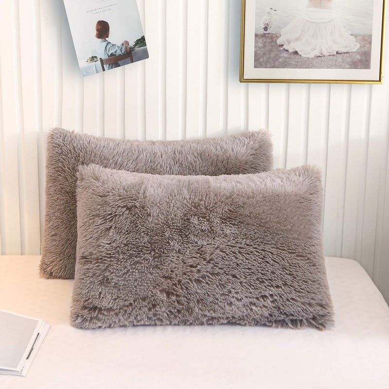 XeGe Faux Fur Throw Pillow Cases  Plush Shaggy Ultra Soft Pillow Covers  Fluffy Crystal Velvet Decorative Pillowcases  Furry Fuzzy Pillow Shams Zipper Closure  Set of 2 (Standard  Khaki)