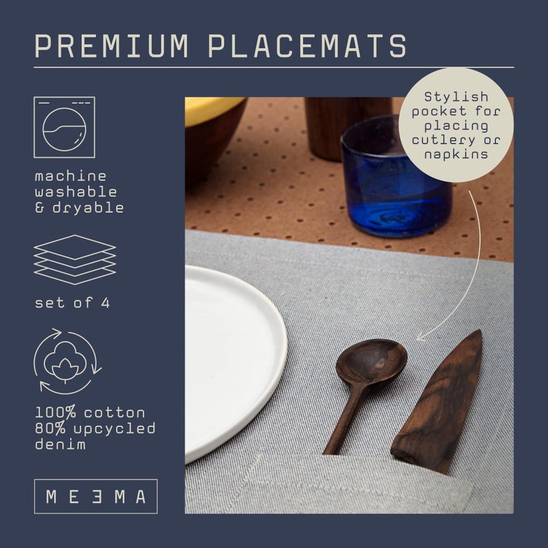 MEEMA MEEMA Cloth Placemats with Pockets Set of 4 | 14 x 20 in | Recycled Denim and Cotton Farmhouse Placemats - Blue with Pocket | Washable Placemats for Dining Table  Tablemats for Special Ocassions - Image 3