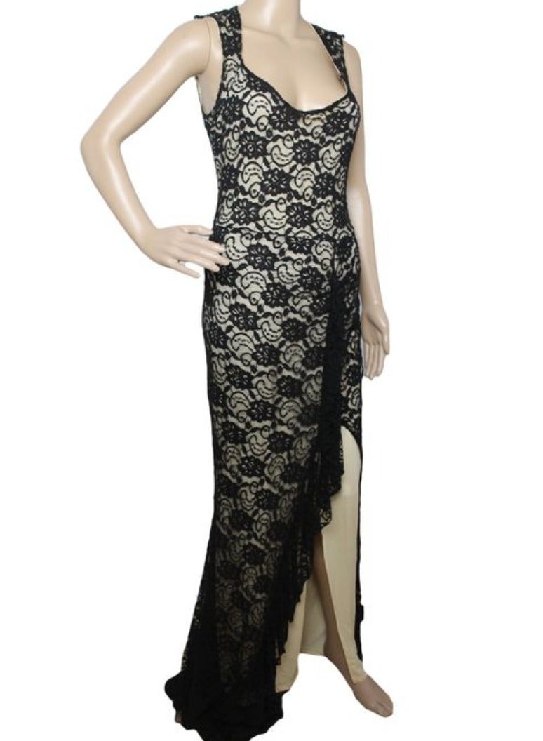 Women lace lycra maxi soiree party events dress with front slit open black & beige  - Image 1