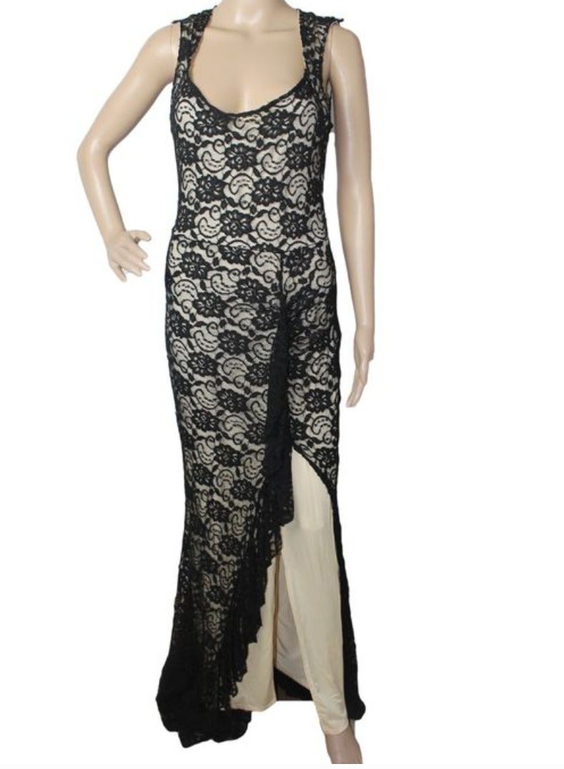 Women lace lycra maxi soiree party events dress with front slit open black & beige  - Image 2