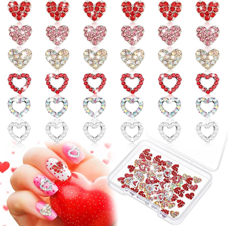 Leelosp 60 Pieces Valentines Day 3D Heart Nail Charms Heart Rhinestone Art Decals Love Crystal Gems Alloy Diamonds Decor for Valentine‘s Day Women DIY Nail Jewelry Accessories(Novel Style) 