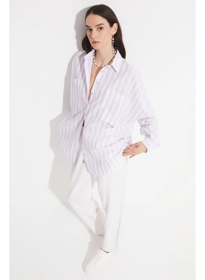 JUNE June Women Exclusive Boyfriend/Wide Fit Linen Blend Striped Shirt Lilac