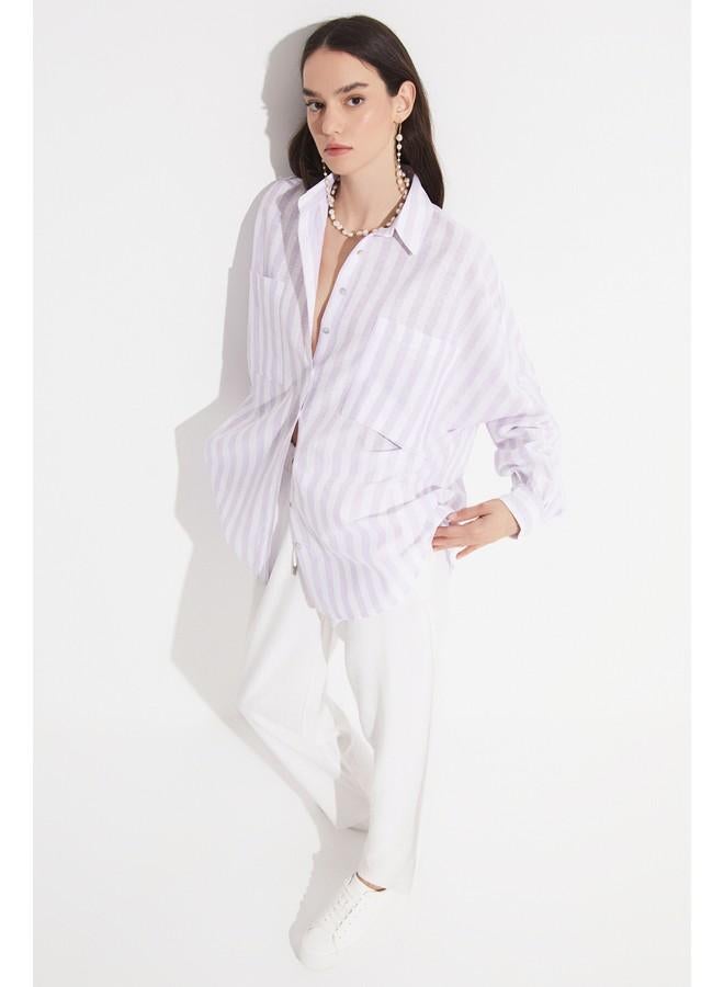 JUNE Women Exclusive Boyfriend/Wide Fit Linen Blend Striped Shirt Lilac - Image 5