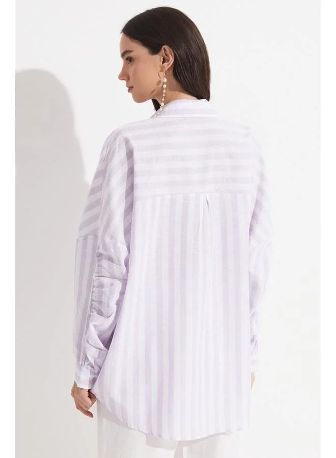 JUNE June Women Exclusive Boyfriend/Wide Fit Linen Blend Striped Shirt Lilac