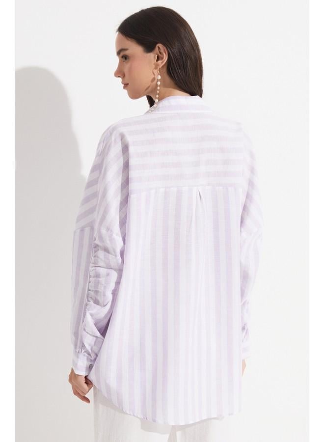 JUNE Women Exclusive Boyfriend/Wide Fit Linen Blend Striped Shirt Lilac - Image 4