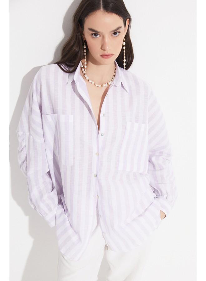 JUNE Women Exclusive Boyfriend/Wide Fit Linen Blend Striped Shirt Lilac - Image 1