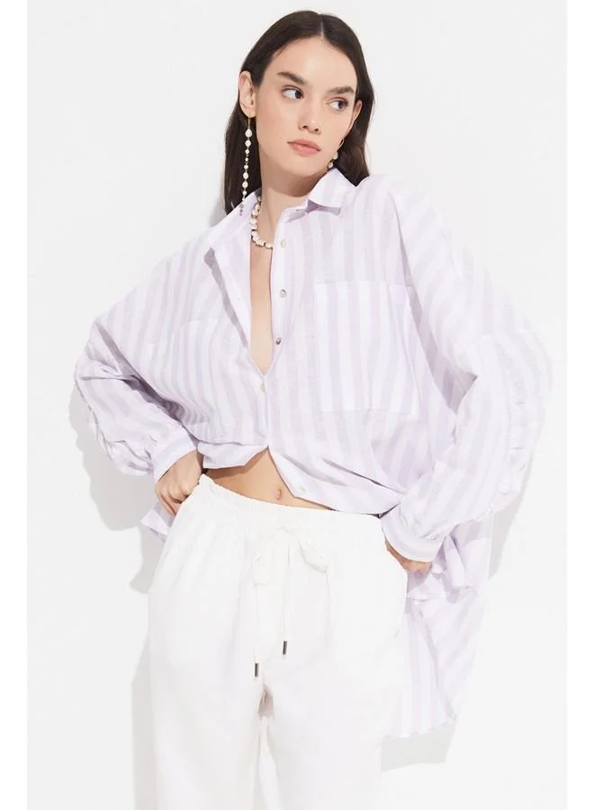 JUNE June Women Exclusive Boyfriend/Wide Fit Linen Blend Striped Shirt Lilac