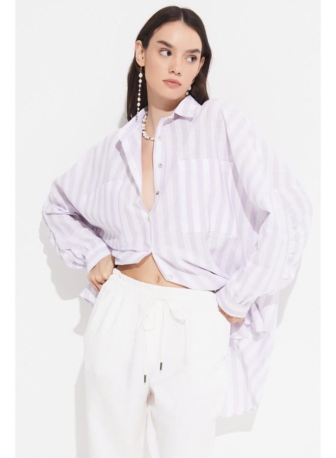 JUNE Women Exclusive Boyfriend/Wide Fit Linen Blend Striped Shirt Lilac - Image 3