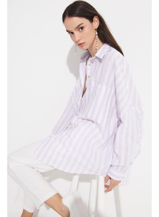 JUNE Women Exclusive Boyfriend/Wide Fit Linen Blend Striped Shirt Lilac - Image 2