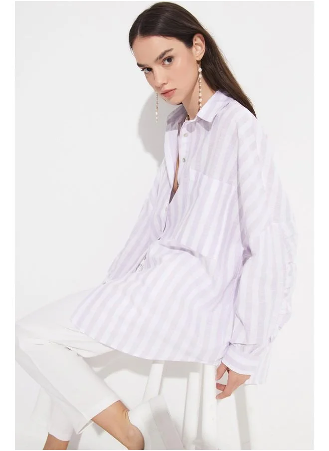 JUNE June Women Exclusive Boyfriend/Wide Fit Linen Blend Striped Shirt Lilac