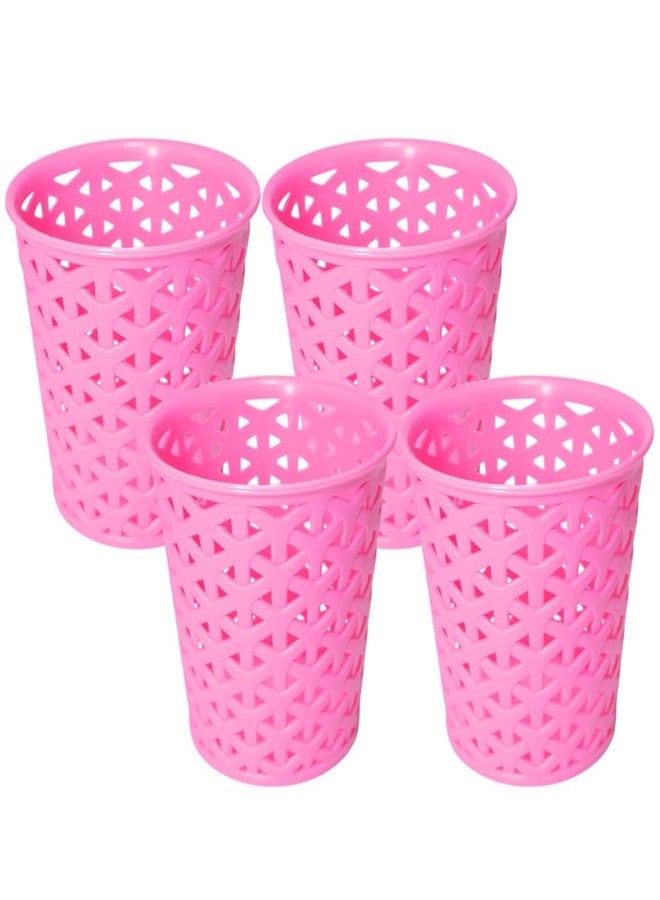 MORVI Linea Big Round Plastic Multipurpose Organizer For Kitchen, Bathroom, Salon, Office|Stationery,Cutlery,Pen,Makeup Brushes Holder|Hanging Toothbrush Stand |Pack Of 4 | PINK - Image 1
