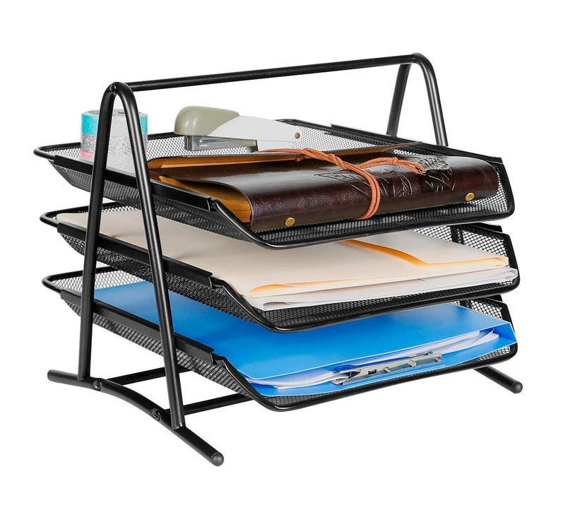 SOLDTRUE 3 Tier Document, File, Paper, Letter, Office, Desktop Tray Organizer 3 Desk File Tray, 3 Tier Metal Mesh A4 Files Documents Papers Folders Holder Desk Organizer (Black, Sliding Shelf) - Image 2