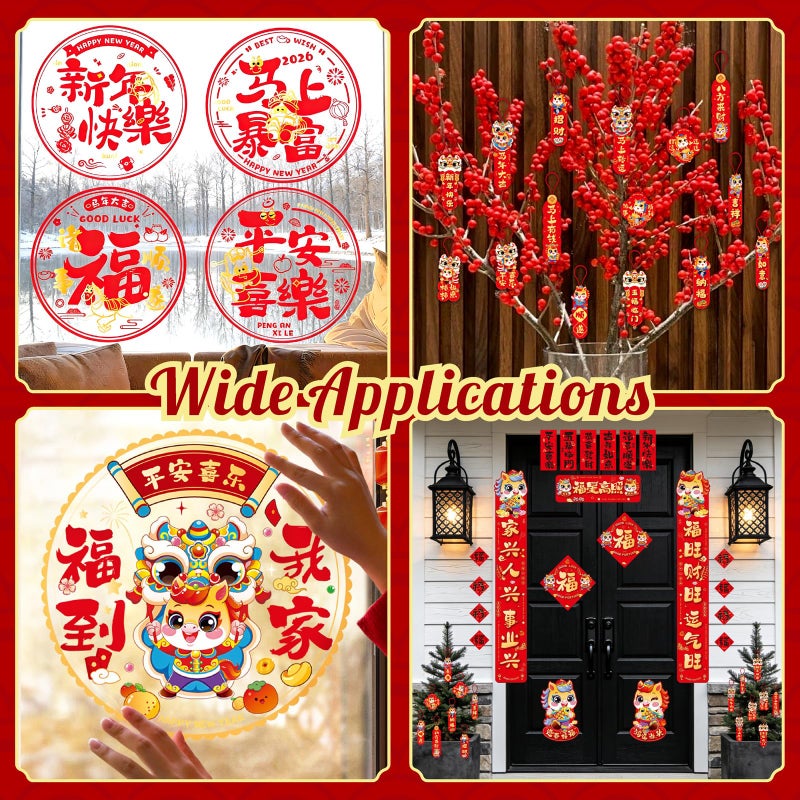 kokolap 62 PCS Chinese New Year Decoration 2026 Year of The Horse Spring Festival Party Supplies Spring Festival Window Clings Lunar New Year Hanging Ornaments Red Envelopes for Door Chunlian Couplets Sets - Image 5