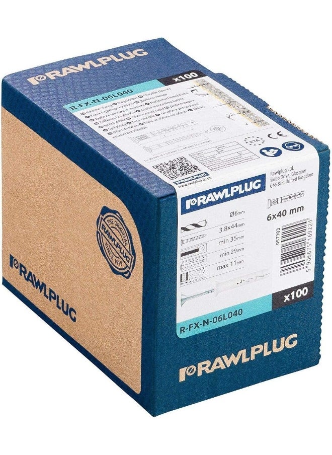 Rawlplug R-Fx-N-06L040 Nylon Hammer Fixing Screw Countersunk Head With Fisher - 6X40Mm -100 Nos