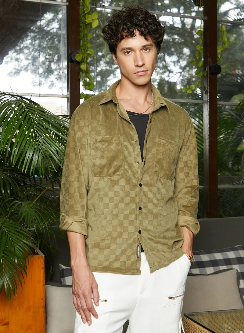 Campus Sutra Men's Olive Green Cubic Velvet Utility Shacket