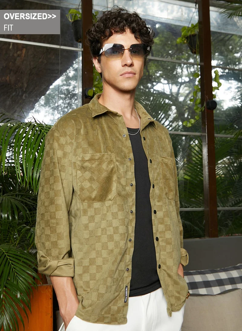 Campus Sutra Men's Olive Green Cubic Velvet Utility Shacket