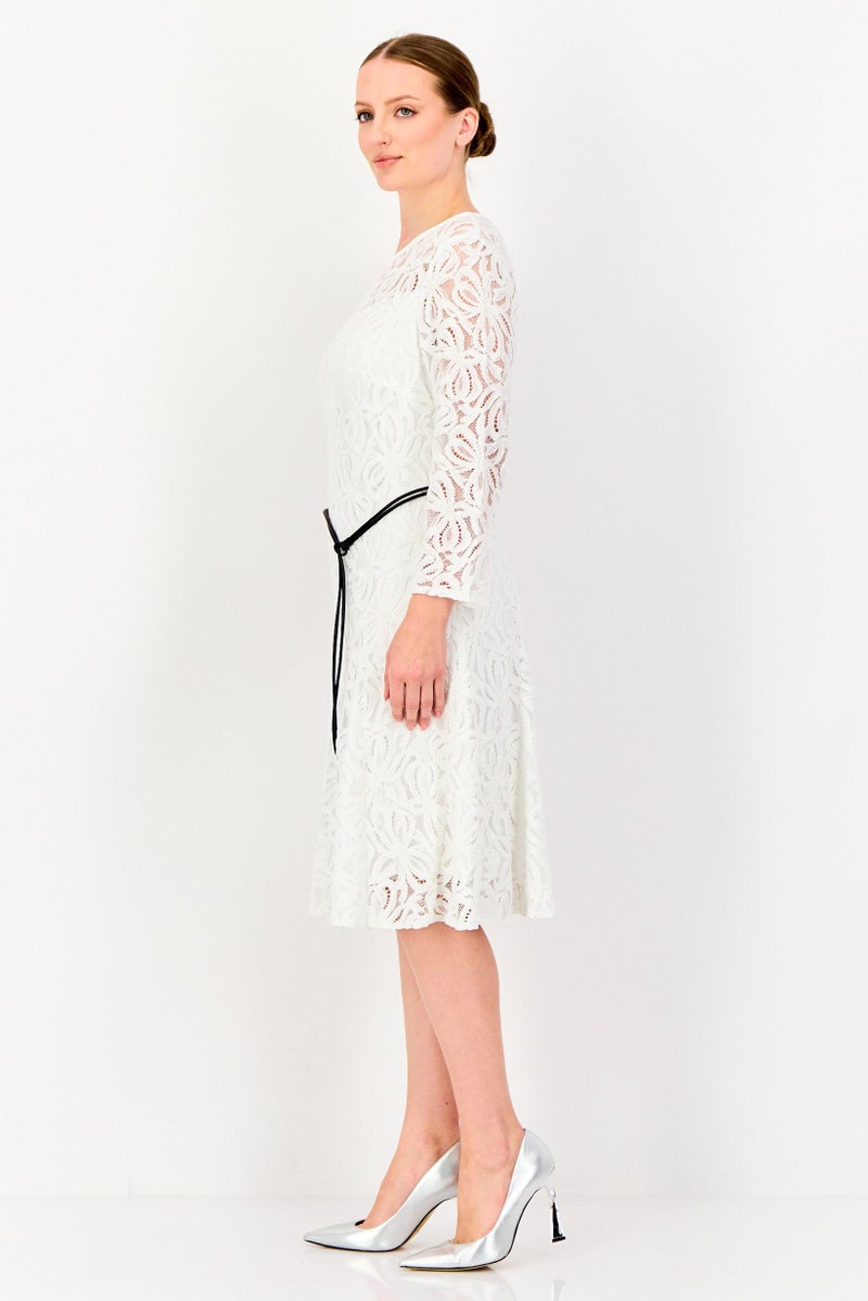 SELECTED Women Textured Midi Dress With Belt, Off White - Image 4