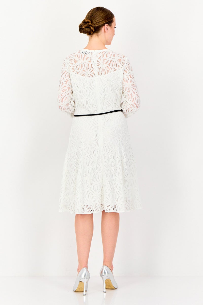 SELECTED Women Textured Midi Dress With Belt, Off White - Image 3