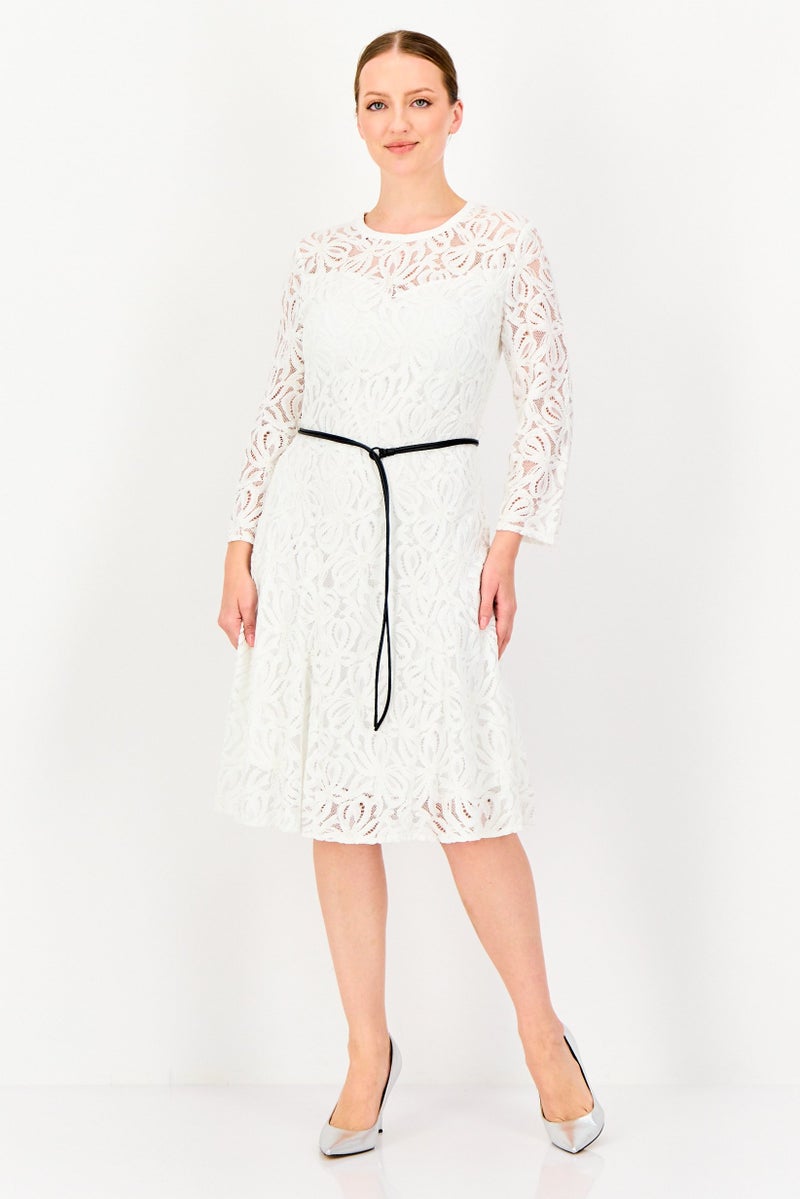 SELECTED Women Textured Midi Dress With Belt, Off White - Image 1