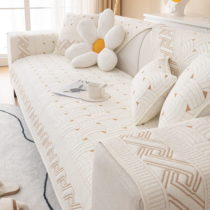 XSlive Farmhouse Cotton Quilted Sofa Cover Weave Pattern Embroidery Sectional Couch Cover Soft Nonslip Sofa Slipcover Furniture Protector Cover for Pets Kids Children Dog Cat (Ivory,28"x28") - Image 5