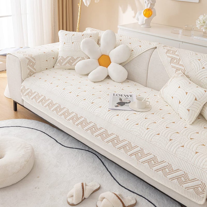 XSlive Farmhouse Cotton Quilted Sofa Cover Weave Pattern Embroidery Sectional Couch Cover Soft Nonslip Sofa Slipcover Furniture Protector Cover for Pets Kids Children Dog Cat (Ivory,28"x28") - Image 1