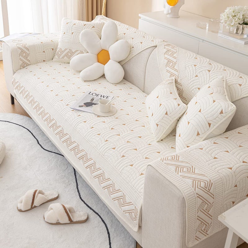 XSlive Farmhouse Cotton Quilted Sofa Cover Weave Pattern Embroidery Sectional Couch Cover Soft Nonslip Sofa Slipcover Furniture Protector Cover for Pets Kids Children Dog Cat (Ivory,28"x28") - Image 4