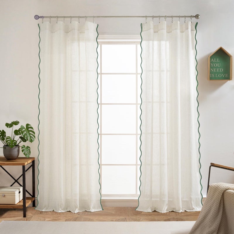 DriftAway Semi Sheer Scalloped Edge Linen Coastal Beach Window Curtains for Living Room Bedroom 2 Panels Rod Pocket Each Size 52 Inch by 84 Inch Loden Green - Image 2