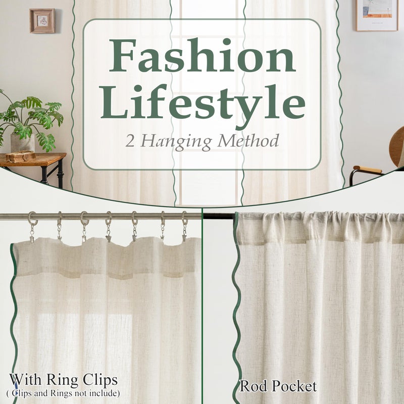 DriftAway Semi Sheer Scalloped Edge Linen Coastal Beach Window Curtains for Living Room Bedroom 2 Panels Rod Pocket Each Size 52 Inch by 84 Inch Loden Green - Image 5