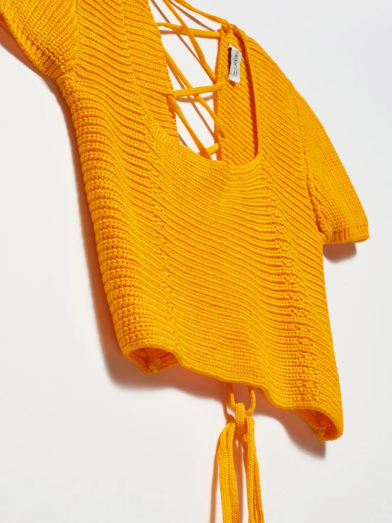 Dilvin 10164 Square Collar Lace-Up Short Sleeve Sweater - Orange