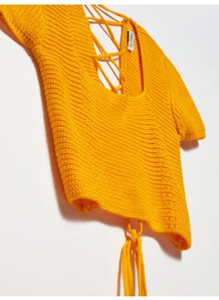Dilvin 10164 Square Collar Lace-Up Short Sleeve Sweater - Orange  - Image 3