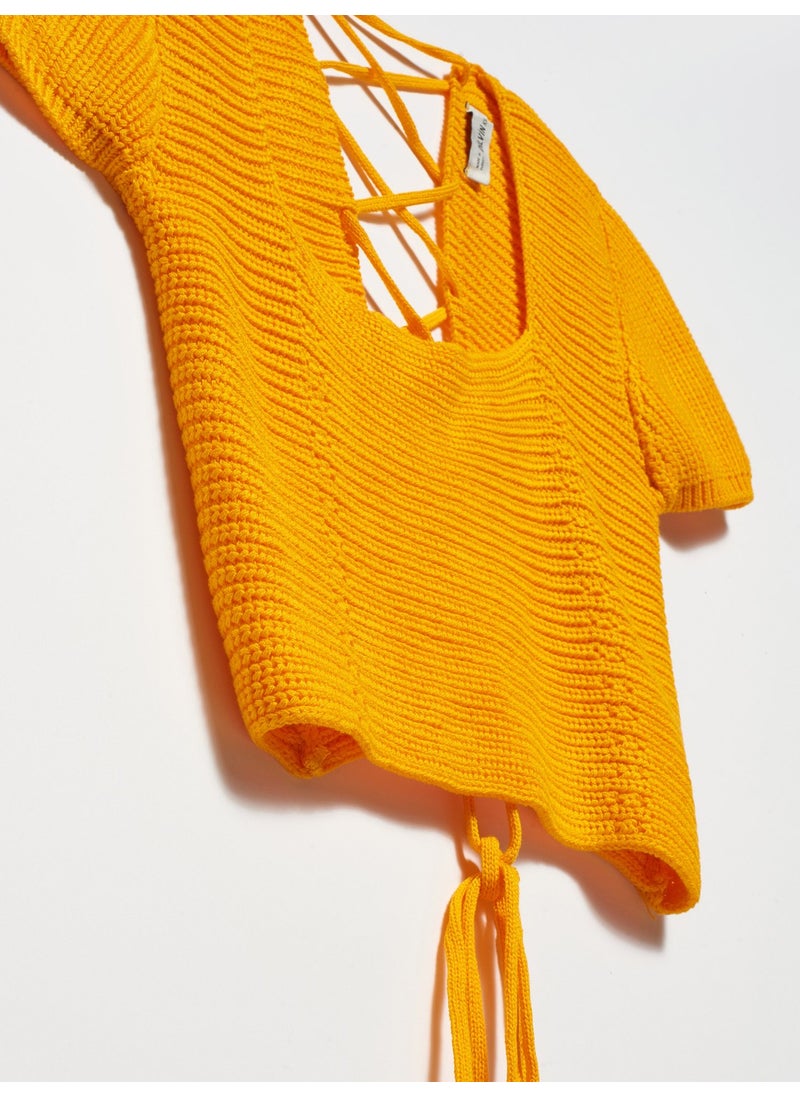 Dilvin 10164 Square Collar Lace-Up Short Sleeve Sweater - Orange  - Image 3