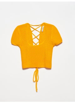 Dilvin 10164 Square Collar Lace-Up Short Sleeve Sweater - Orange  - Image 1
