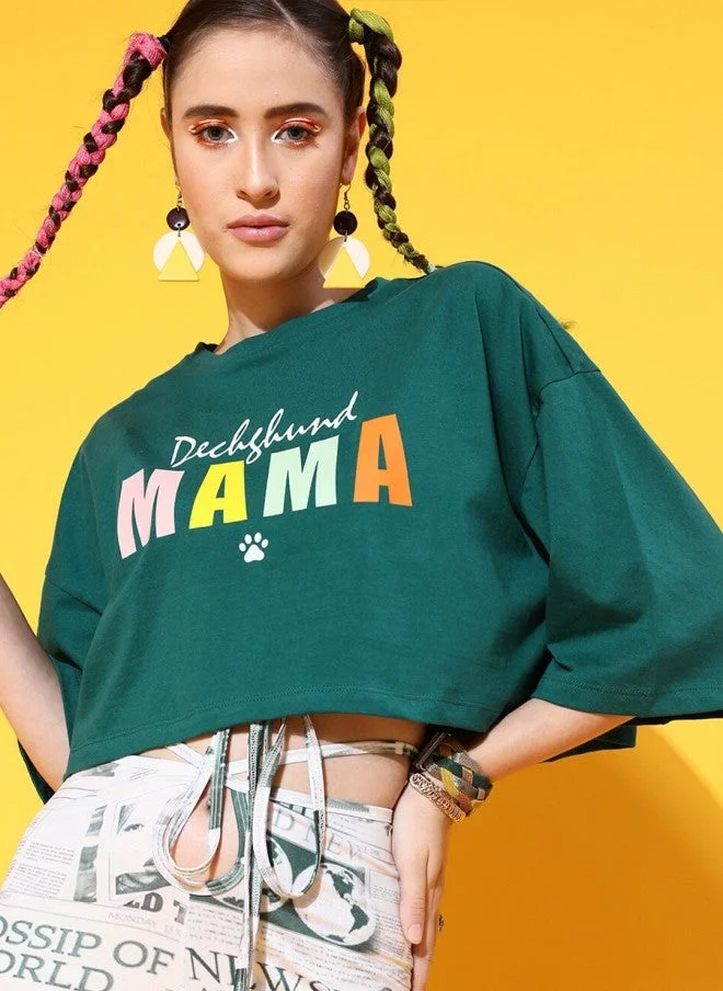STREET 9 Green Printed Cotton Boxy T-Shirt for Women