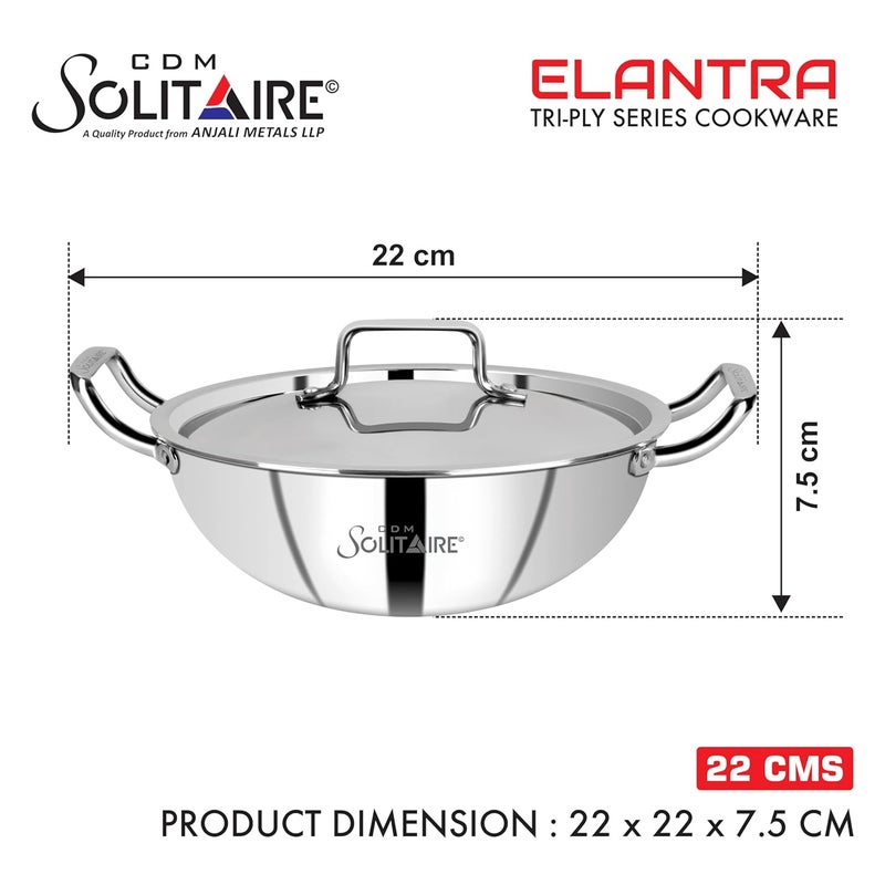 CDM SOLITAIRE Elantra Triply Stainless Steel Kadhai with SS Lid SteelAluminiumSteel 3 Layers for Smart Cook 40 Fastest Cooking 22cm 2 Liter Induction Gas Friendly 5Year Warranty - Image 4