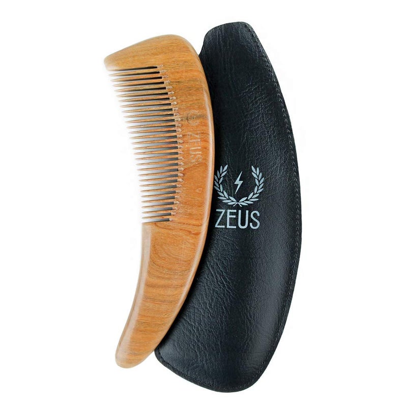 ZEUS Curved Sandalwood Beard Comb in Gift Box, Premium Grooming Essential with Sheath for Menâ€™s Beard & Hair (M31) - Image 1