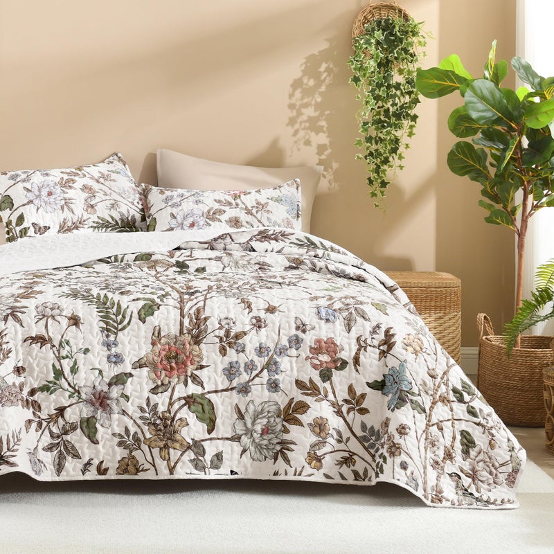 Litanika Floral White Quilt California King Size - 3 Pieces Cal King Botanical Birds Pattern Quilt Bedding, Lightweight Soft Coverlet for All Seasons (112"x104") - Image 1