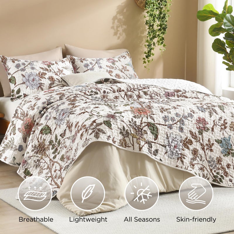 Litanika Floral White Quilt California King Size - 3 Pieces Cal King Botanical Birds Pattern Quilt Bedding, Lightweight Soft Coverlet for All Seasons (112"x104") - Image 3