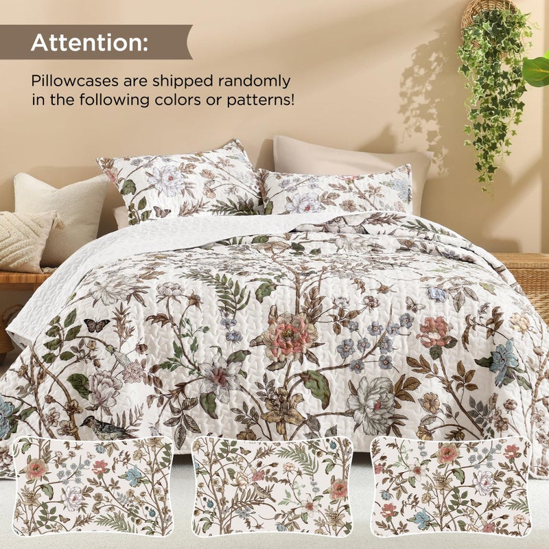 Litanika Floral White Quilt California King Size - 3 Pieces Cal King Botanical Birds Pattern Quilt Bedding, Lightweight Soft Coverlet for All Seasons (112"x104") - Image 5
